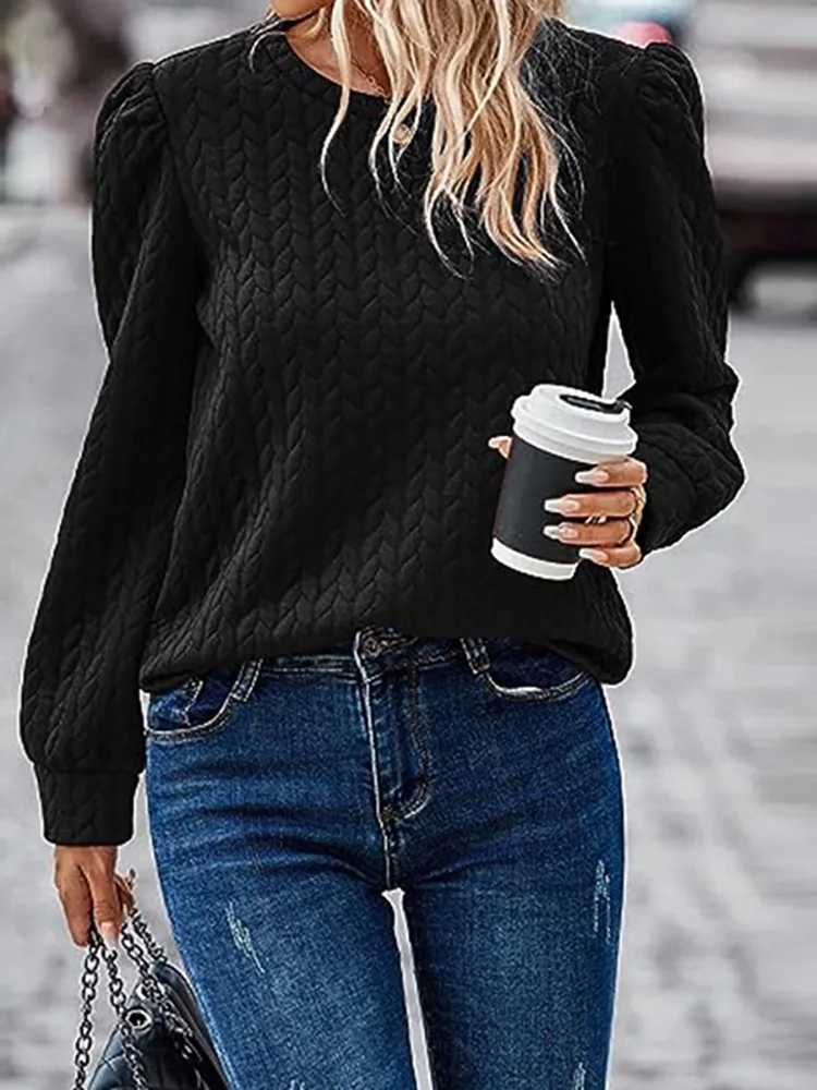 

2023 Loose Holiday Long Puff Sleeve Tops, Women Loungewear O-Neck Fashion Hoodies, Autumn Winter Folds Simple Ladies Pullovers