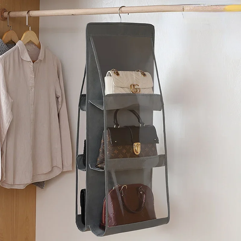 6 Pocket Hanging Handbag Organizer for Wardrobe Closet Transparent Storage Bag Door Wall Clear Sundry Bag with Hanger Pouc