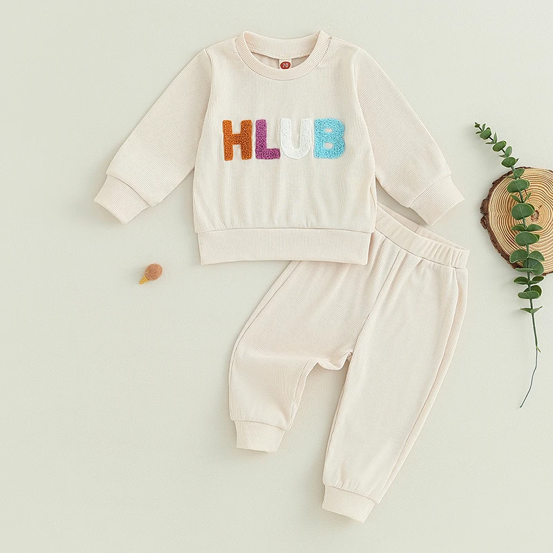 

BeQeuewll Baby Pants Set Long Sleeve Embroidery Letters Sweatshirt with Elastic Waist Sweatpants 2-piece Outfit for Girls Boys