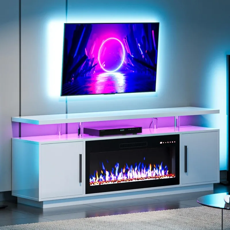 

70" TV Stand for TVs up to 75", LED Light Entertainment Center with 36" Electric Fireplace Heater, Storage Cabinet