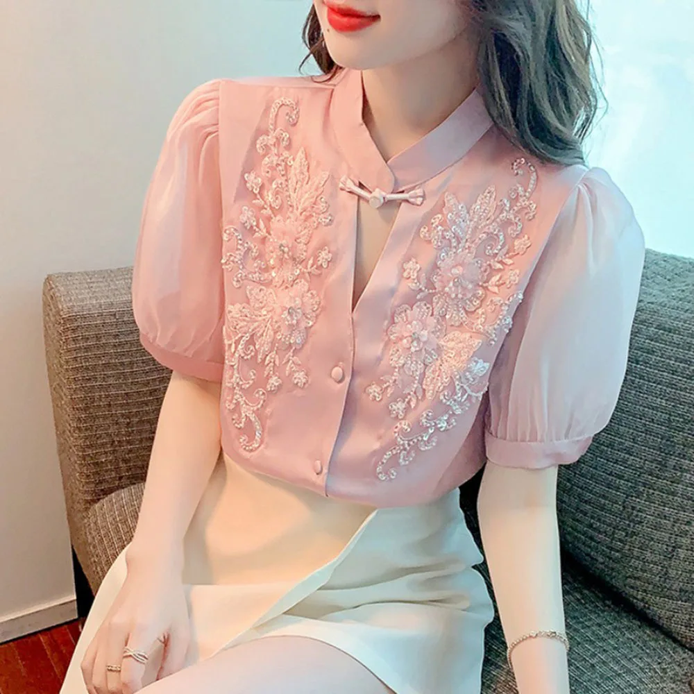 Women's Lace Beaded Shirt 2023 Summer New Korean Fashion Design Short  Sleeve Chiffon Tops Slim Temperament Sweet Ladies Blouse - AliExpress