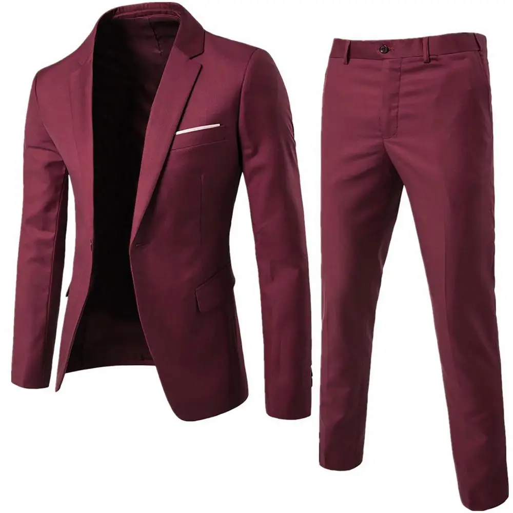 Wedding Set Vintage Men Solid Color Long Sleeve Lapel Slim Button Business Suit Men's Suit Groomsmen Regular Fit 2 Peice Set mens suit