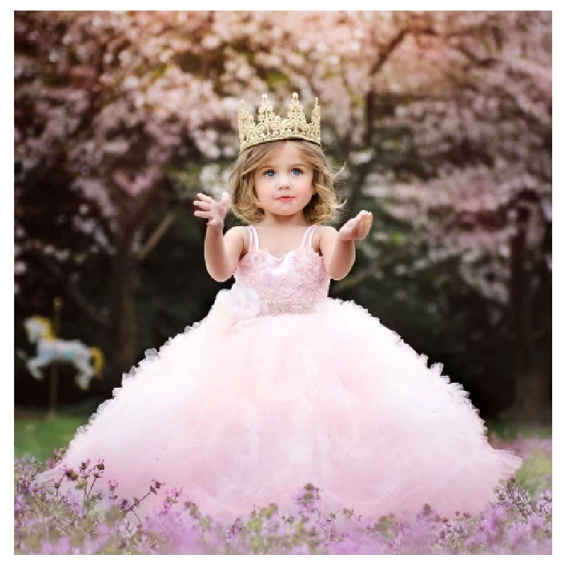 

Gorgeous Pink Tulle Puffy Applique Flower Girl Dress Floor Length Sleeveless Princess Child Pageant First Communion Ball Gowns