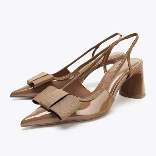 Sandales à talons pointus en cuir verni pour femmes, escarpins élégants avec nœud décoratif, escarpins à talons épais, de luxe, de styliste, 2026 1