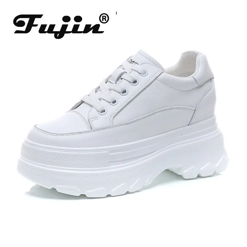 

Fujin 7cm Cow Genuine Leather Platform Wedge Chunky Sneakers White Black Casual Comfy Breathable Spring Autumn Lady Hidden Heels