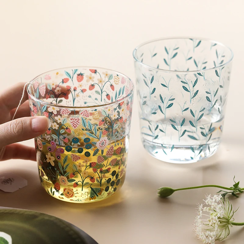 JINYOUJIA-Fruits Pattern Flower Glass Cup for Women, Juice Drink