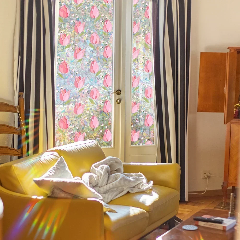 Pink Flower Tulip Double-sided Visible Colorful Sunlight Static Window Sticker Decorative Sticker Can Be Cut