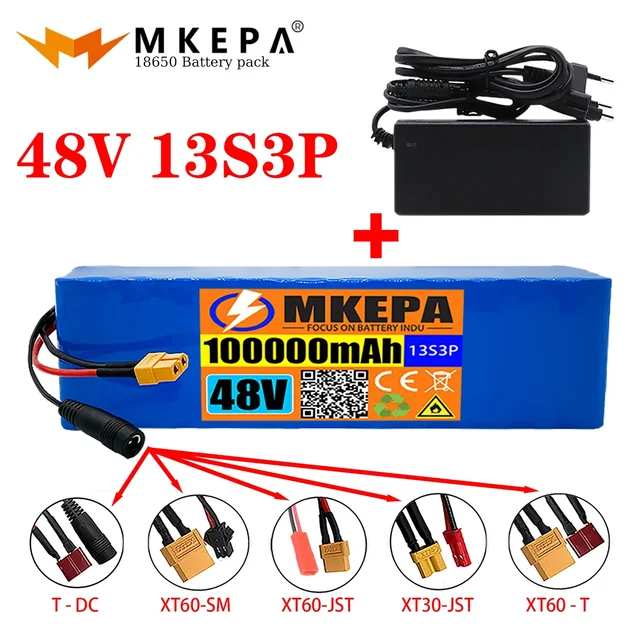 전기 자전거 스쿠터용 리튬 이온 배터리 팩, 13S3P, 48V, 100000mAh, 100Ah, 1000W BMS, 54.6V
