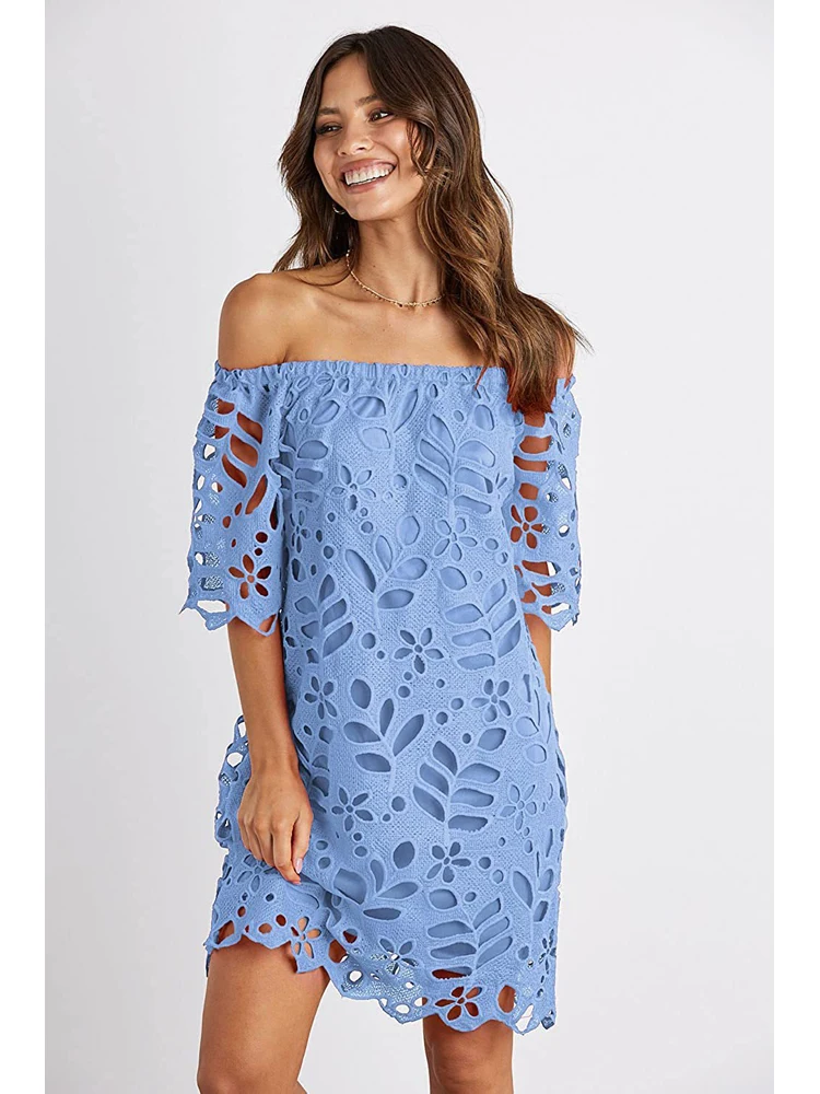 Sexy Fashion Summer Lace Crochet Dress Women Off Spalla Manica Corta Party White Sundress Boat Neck Hollow Out Vestido Boho