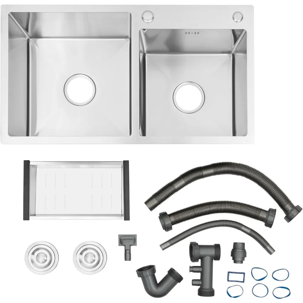 30 Inch Double Bowl Drop-in/Topmount Kitchen Sink Steel Kitchen Sink with Drainage Pipes and Fruit Baskets for Kitchen Bathroom 6