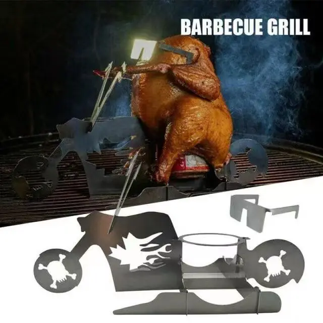 American Motorcycle BBQ Steel Rack Funny Chicken Stand with Beer Can Holder Grilling Roast Rack BBQ Barbecue Accessories