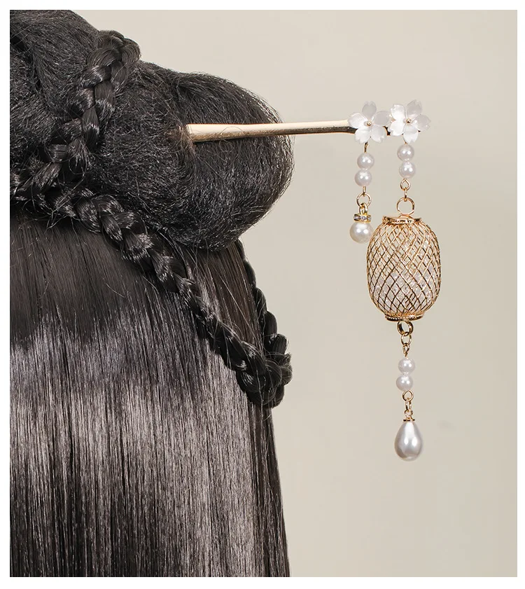Chinese Antique style Han costume lantern hairpin handmade pearl tassel step shake hairpin girls hair accessoreis Hair Sticks