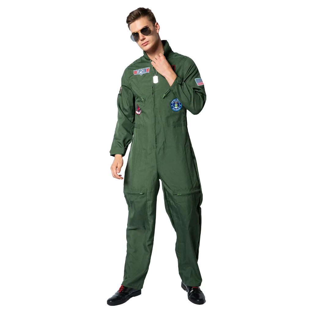 

Men's Top Gun Flight Suit Costume Airforce Uniform Adult Army Green Military Fighter Pilot Jumpsuit Halloween Cosplay Costume
