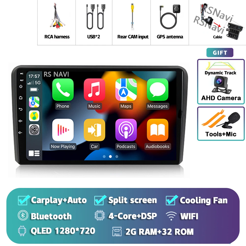 OiLiehu Android 13 Autoradio Für Audi A3/S3/RS3 8P 8V (2003-2012) – 7 Zoll, CarPlay, Android Auto, 2G+64G