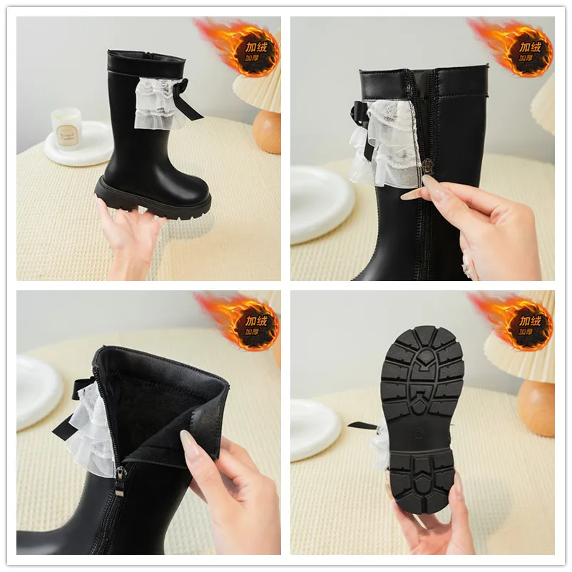 Girls Fleece Ankle Boots with Lace Bow for Winter School Party