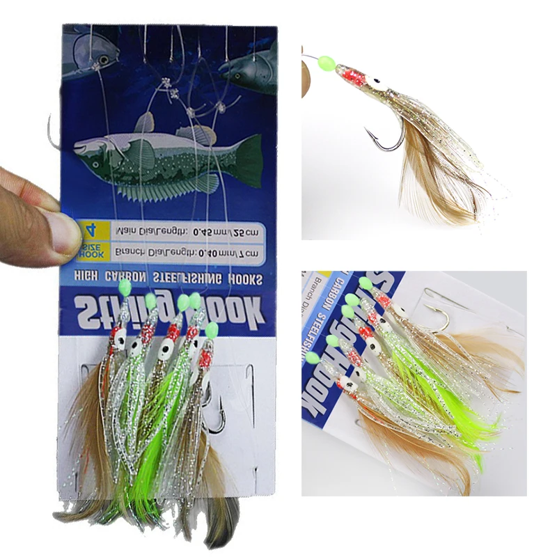 Kit 5 leurres luminescents Octopus Sabiki avec plumes pour pêche du maquereau et calamar