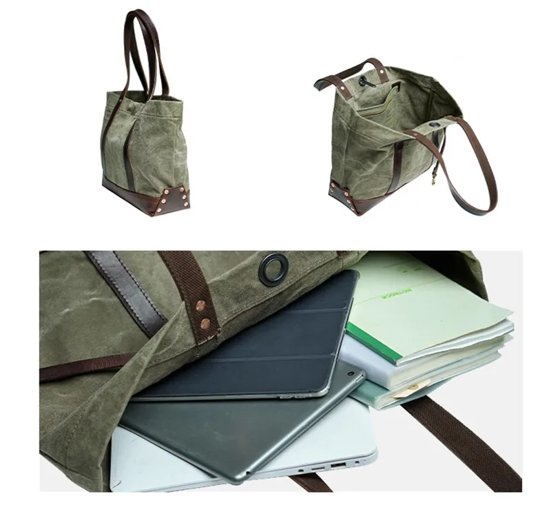 Vintage high quality canvas genuine leather men\'s tote bag work 13 inch laptop handbag designer luxury weekend shoulder bag