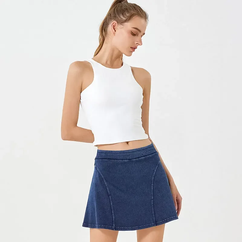 Summer new high-elastic fake two-piece denim yoga skirt women's high waist is thin and hip-lifting sports wear fitness shorts