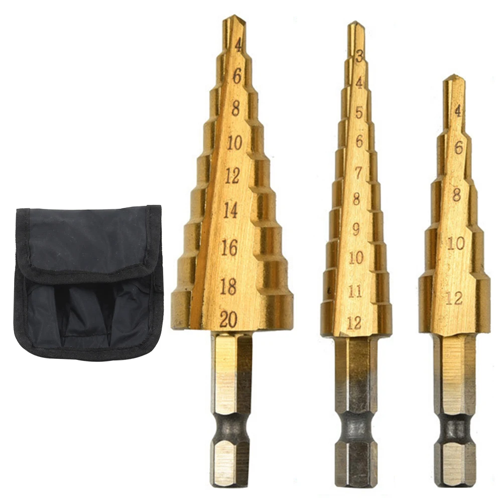 Step Drill Bit Set 3PC Titanium Plated 3-12/4-12/4-20mm Hexagonal Handle