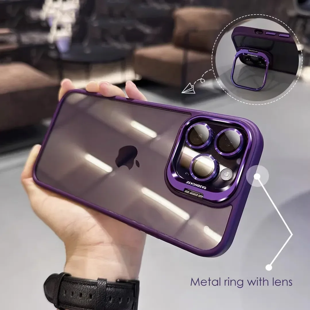 Lens Metal Ring Protector Stand Case with Camera Glass Protection and Transparent Back Cover