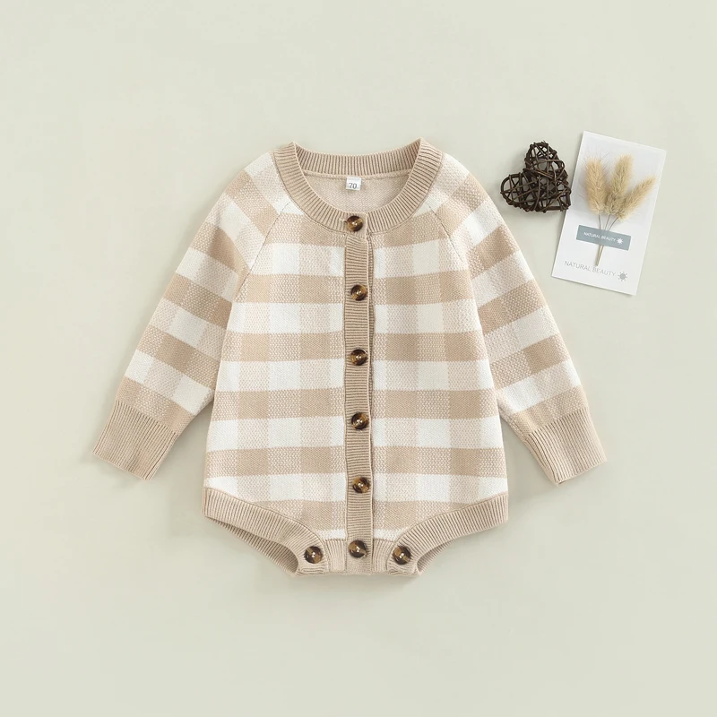 Infant Baby Knitted Sweater Romper Long Sleeve Round Neck Plaid Print