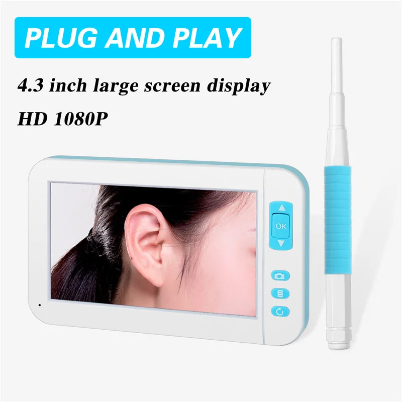 HD 1080P 3.9MM WiFi USB Ear Otoscope Camera 4.3 Inch Screen Display Plug & Play 6 LED Lights Digital Ear Clean Endoscope Camera