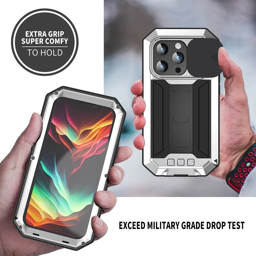 360 Protection Heavy Metal Armor Case For iPhone 15 14 Pro Max Shockproof Cover Cases with Tempered Glass Holder Full Coverage