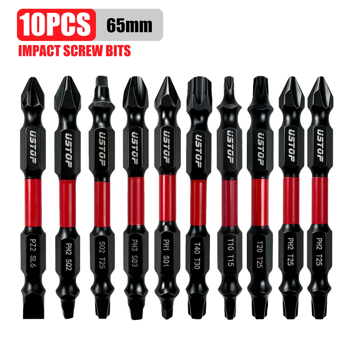 Ustop, 10-teiliges Set Doppelkopf-Schlagschrauberbits mit verschiedenen Spezifikationen (Ph/Sq/Torx/Pz2/Sl6), magnetische, verdrehungsfreie, hochharte Schraubendreherbits, 65 mm, S2-Legierungs-Werkzeugstahl, verschleißfeste Bohrerbits für Schlagbohrmaschinen/Elektroschrauber