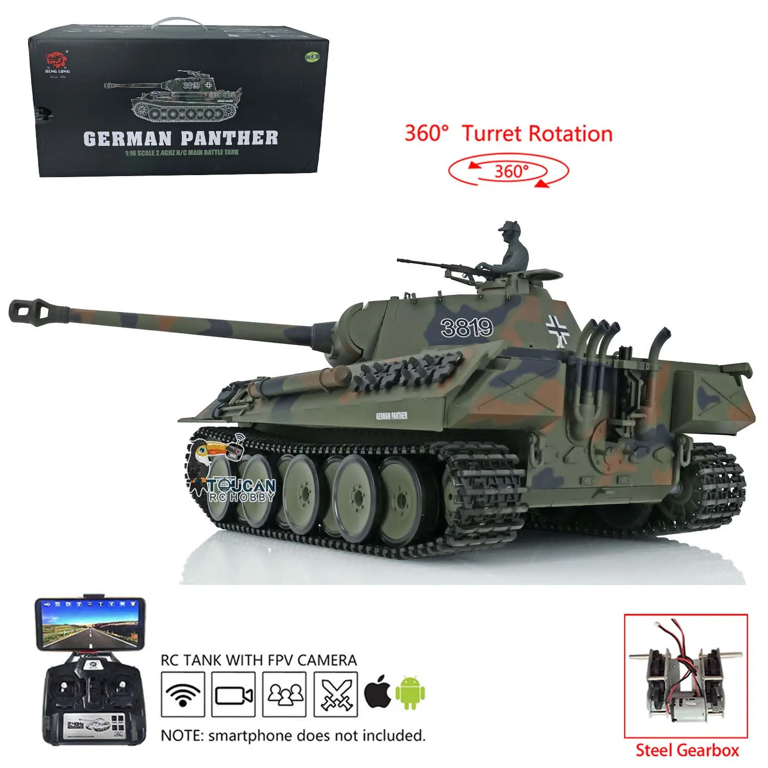 1/16 Heng Long 7.0 Plastic Panther FPV Camera RC Tank 3819 W/ 360° Turret Steel Gearbox Smoke Engine Soldiers Adult Toy TH17287 3