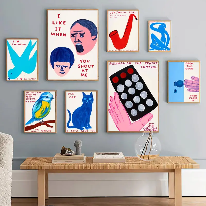 David Shrigley Noodles Bird Cat Elephant Flame Wall Art Nordic Poster Prints Canvas Painting Wall Pictures Living Room Decor