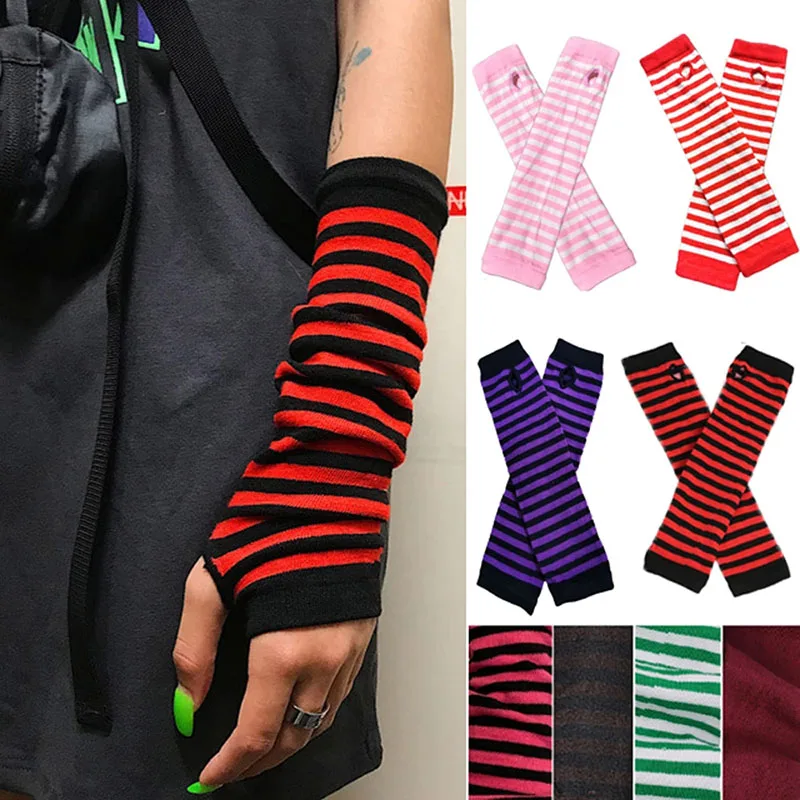 New Long Fingerless Gloves Women Half Finger Autumn Winter Arm Warmer Striped Knitted Mitten Wrist Arm Sleeve Christmas Gift