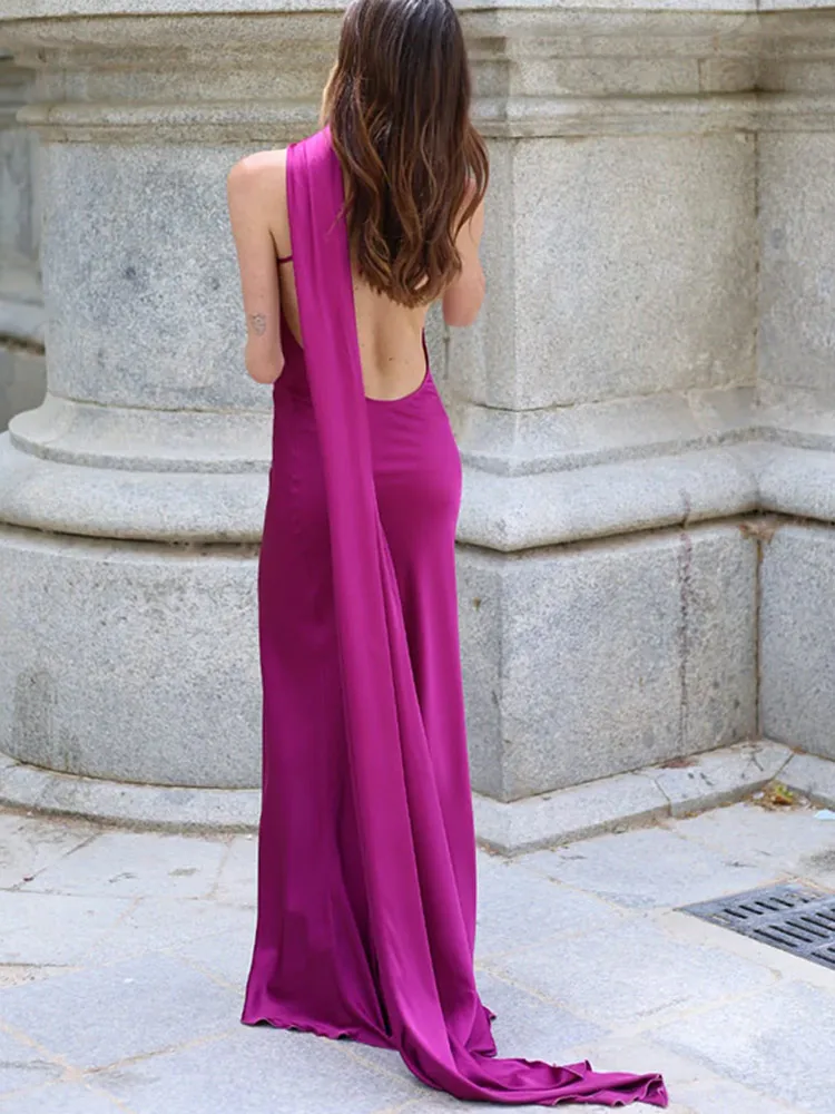 Elegant Satin Halter Maxi Dress with Scarf Collar - Sleeveless Backless Evening Gown