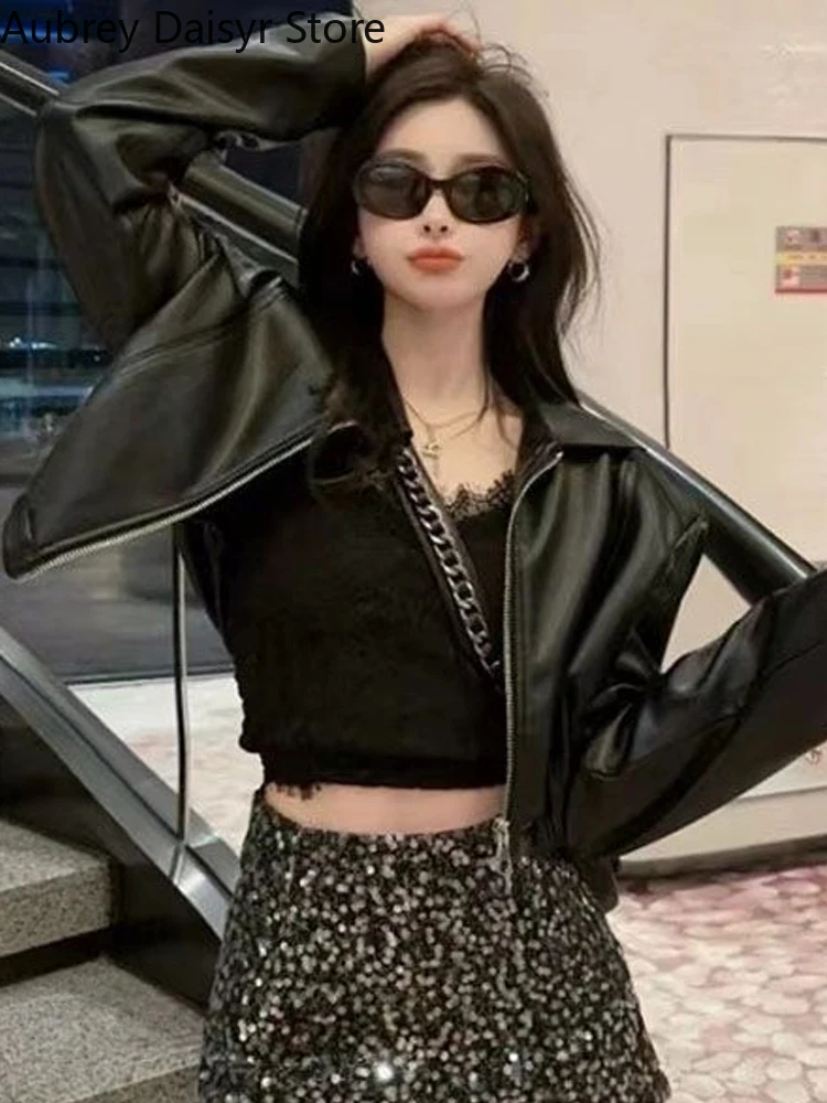 Punk Black Cropped Leather Jacket Women Winter Streetwear Zipper