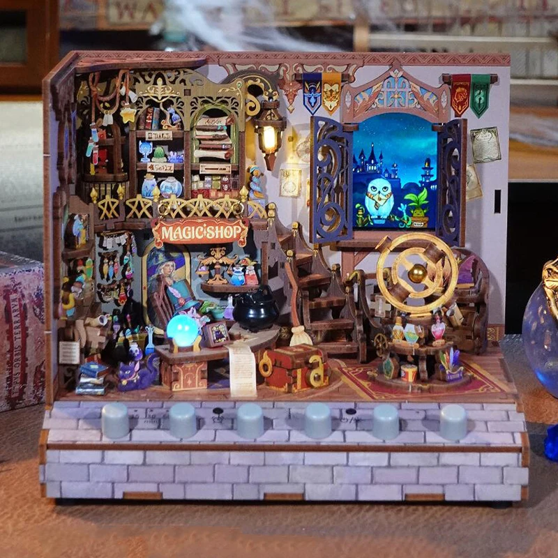 DIY Wooden Doll Houses Magic Shop Casa Miniature Building Kits with Music Sound USB Power Dollhouse for Girls Birthday Gifts 2
