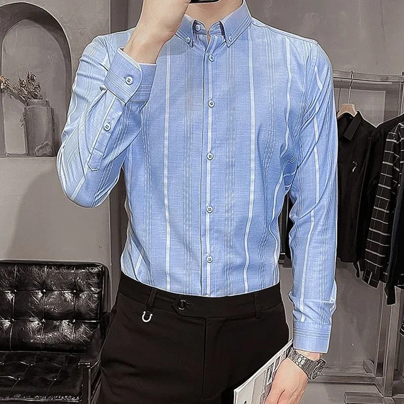 

Business Casual Fashion Loose Shirts Turn-down Collar Striped Button Formal Comfortable Spring Summer Long Sleeve Men's Clothing