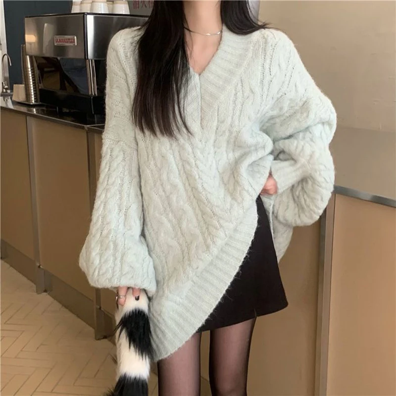 Oversized Sweater Women Fashion Preppy Pink V Neck Knitted Pullovers Harajuku Korean Long Sleeve Knitwear Winter Jumpers