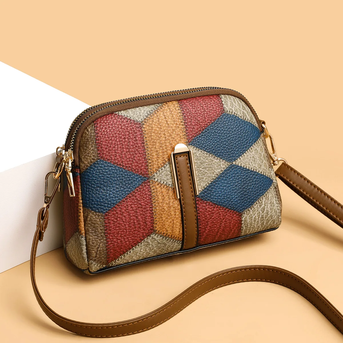 

2023 Color Blocking Versatile Ethnic and National Style Fashion Trend Double Zipper Single Shoulder Crossbody Change Phone Bag