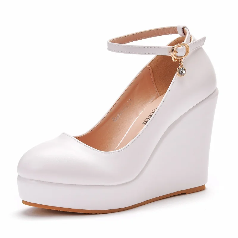 Large Size 33-43 Round Toe White Platform Wedges Pumps Women High Heels Shoes Ankle-Strap Ladies Sexy Shoes tenis feminino