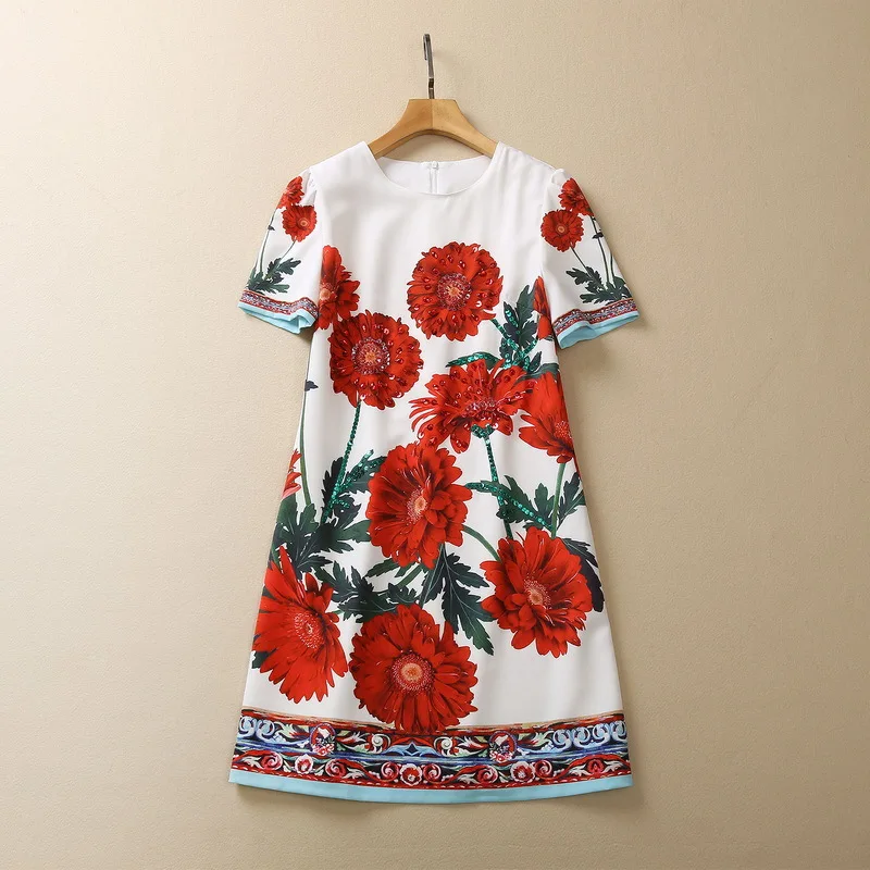 

European and American women's clothes 2023 spring new Round neck Short sleeve studded red flower print Fashionable dress