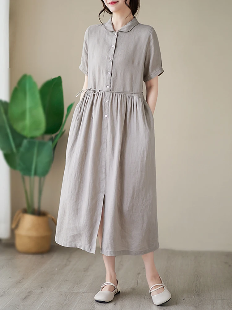 

NYFS 2023 Summer New Vintage Woman Dress Vestidos Robe Ete Femme Elbise Loose Cotton Linen Solid Short Sleeve Long Dresses