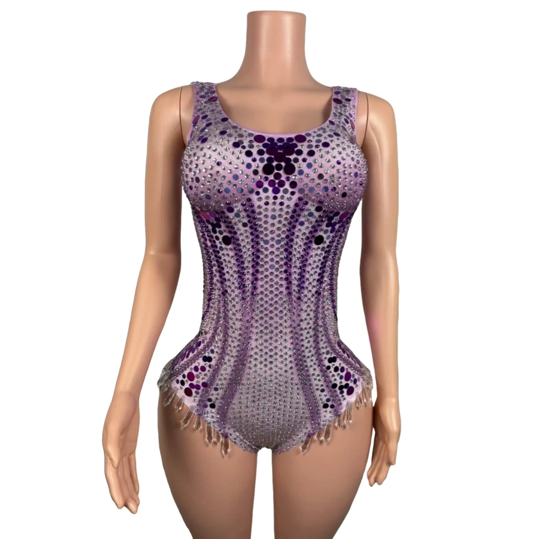 

Stunning Purple Rhinestone Bodysuits For Women Sequins Dance Costume Pole Nightclub Stage Wear Drag Queen Outfit Leotard 2024