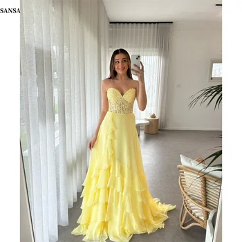 Sansa Yellow Appliques Strapless Prom Dresses Tiered Ruffle Customized جديد في الفساتين Sweep Train A-line robes de soirée