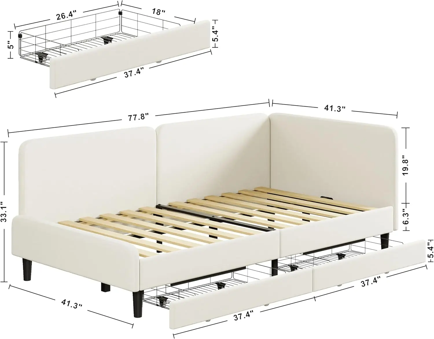 Twin Daybed with Headboard, Corner Bed Frame with Bed Rails and Storage Drawers, Solid Support, for Bedroom Guest Room, Cream