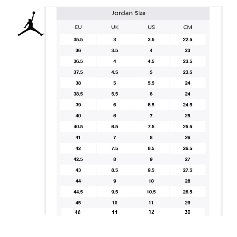 jordan 1 womens size chart