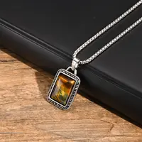 Tiger Eye Stone Pendant Necklaces for Men Boys,Brown Natural Stone Square Pendant Necklaces,Vintage Punk Jewelry Gift