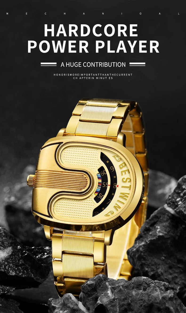Creative Large Dial Personality Watches for Men BESTWIN Gold U-Shape Fashion Mens Watch Trend Reloj Hombre Lujo Alta Gama 2024