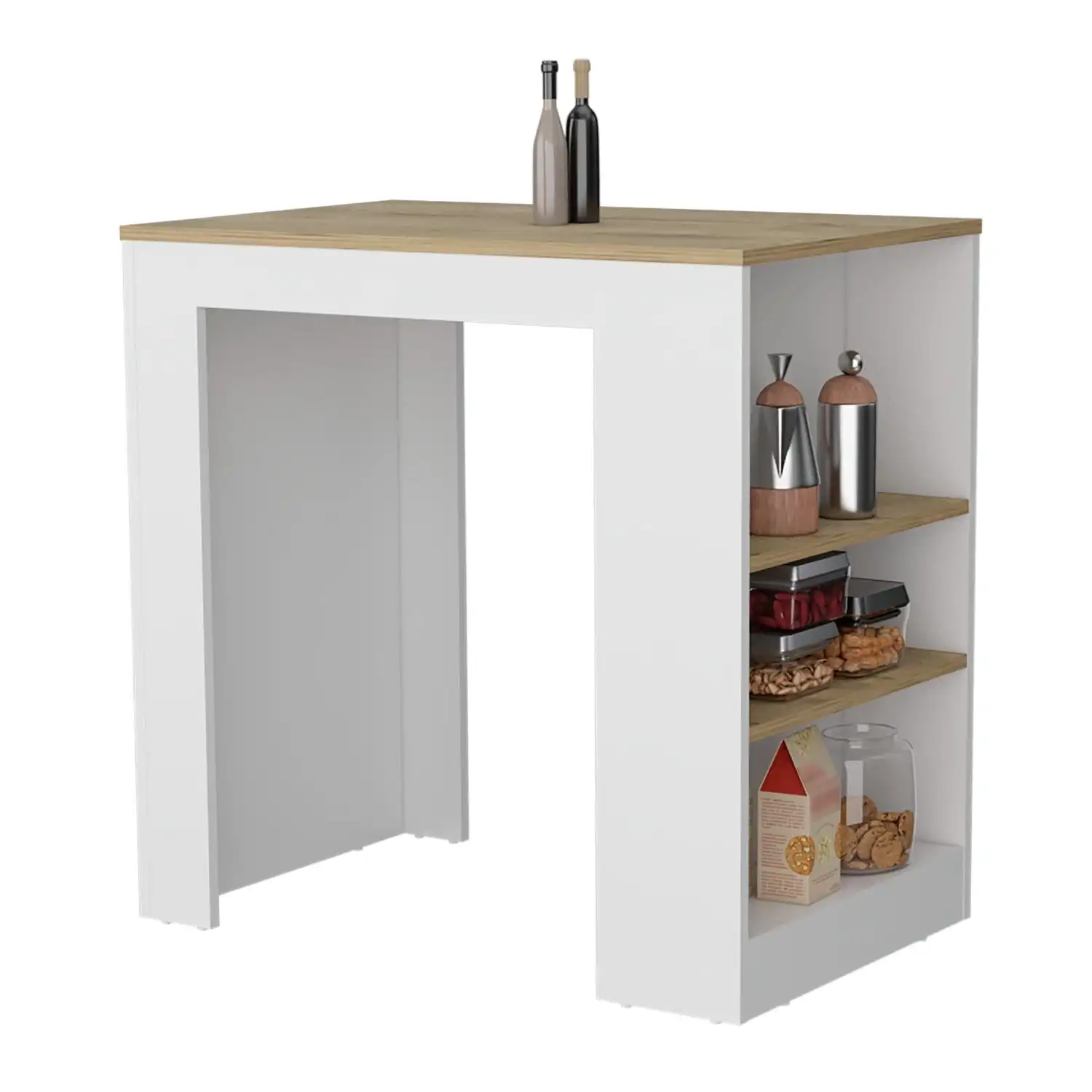 Portree Kitchen Island with 3-Side Shelves White / Macadamia 5