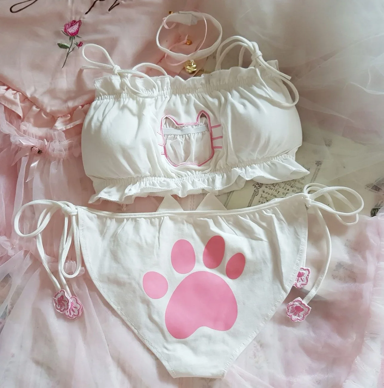 Women's Hollow Out Underwear Bra and Panty Set Lolita Cat Girl Sexy  Lingerie Intimate Bras Set Anime Kitty Cosplay Kawaii Bras - AliExpress