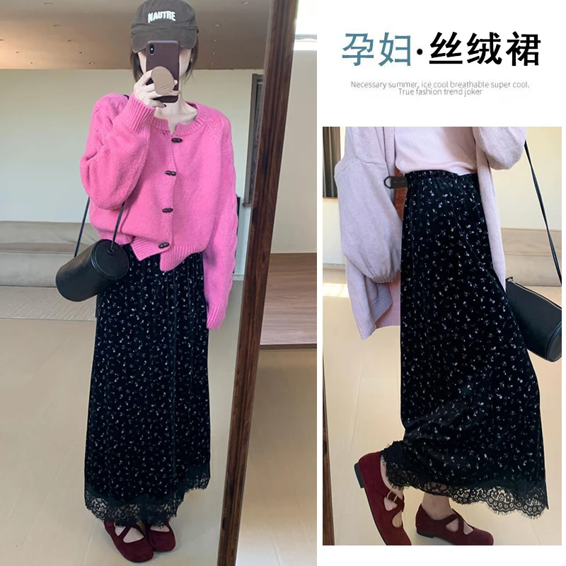 Good Quality Pregnant Woman Floral Skirts for Autumn Winter Korean Style Maternity Velour Belly Skirt Irregular Lace Patchwork