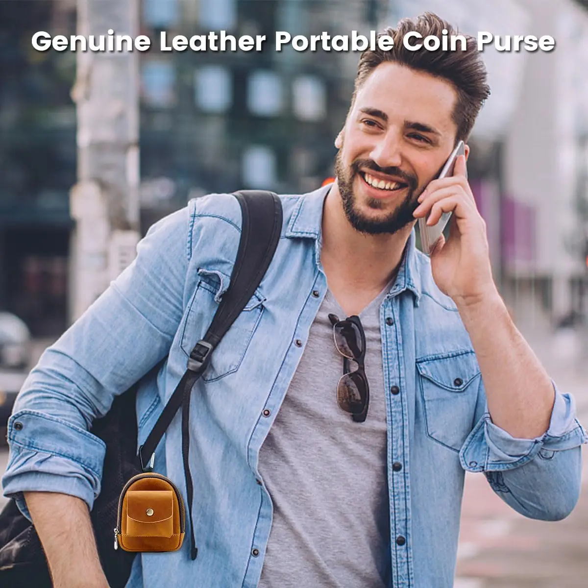 Genuine Leather Coin Purse Soft Change Purse with Hook and 2 Pockets Mini Coin Pouch Holder for Men Women Outdoor Sport Key Case